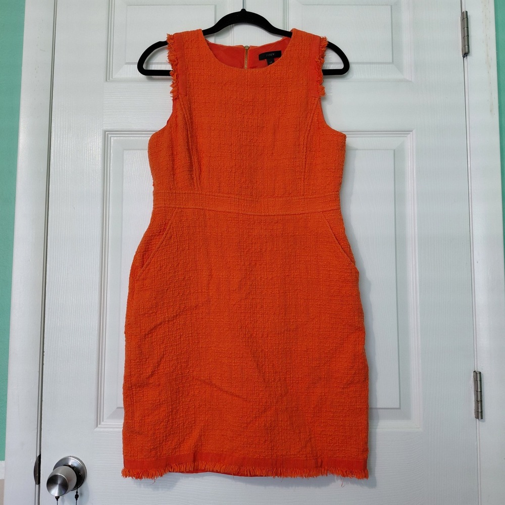 J.Crew Orange Tweed Sheath Dress Sleeveless Fringed Pockets 12P